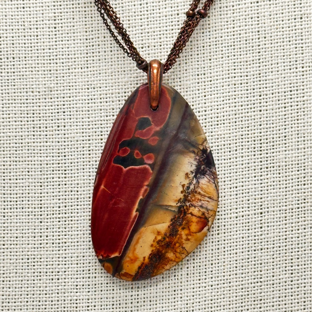 Artisan Made Adjustable Copper Multi-Strand Necklace Large Jasper Pendant Boho